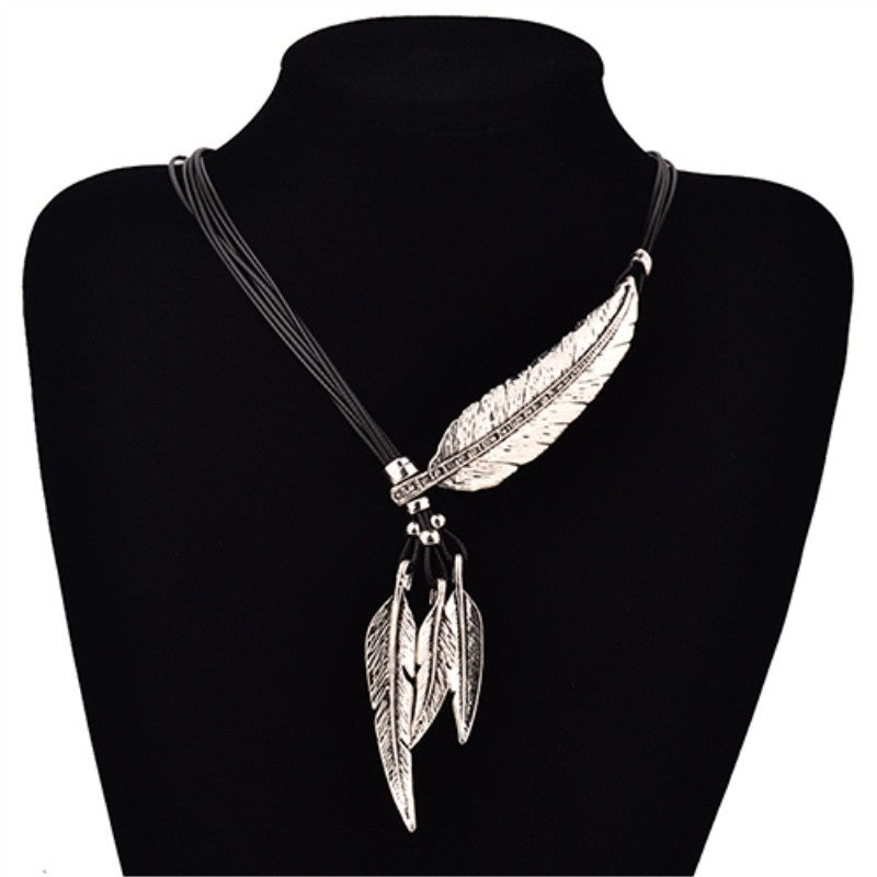 Black Rope Feather Leaf Tassels Pendant Necklace