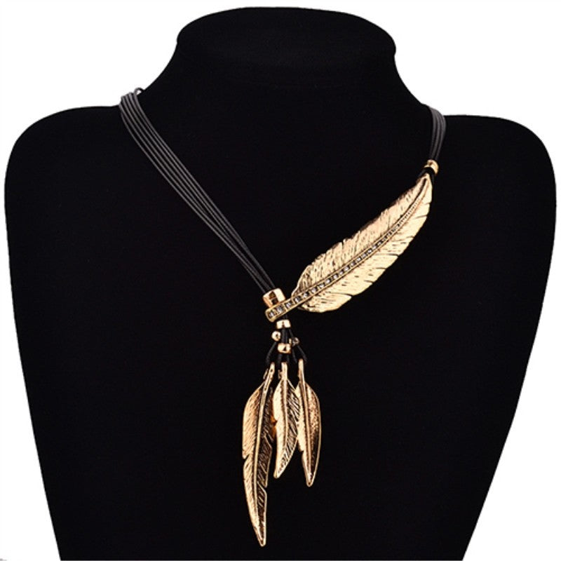 Black Rope Feather Leaf Tassels Pendant Necklace