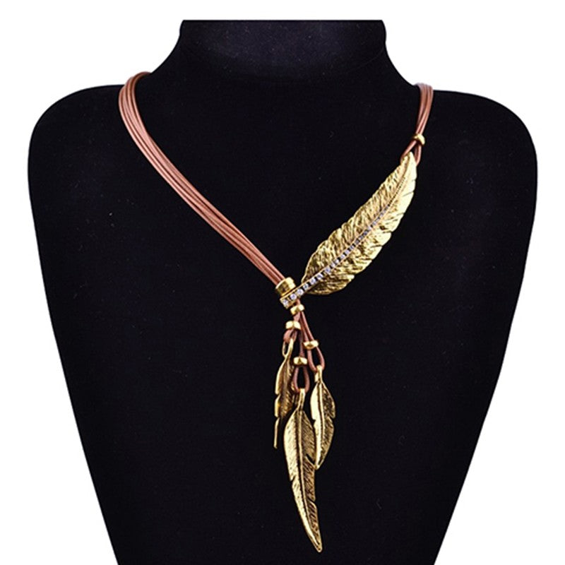 Black Rope Feather Leaf Tassels Pendant Necklace